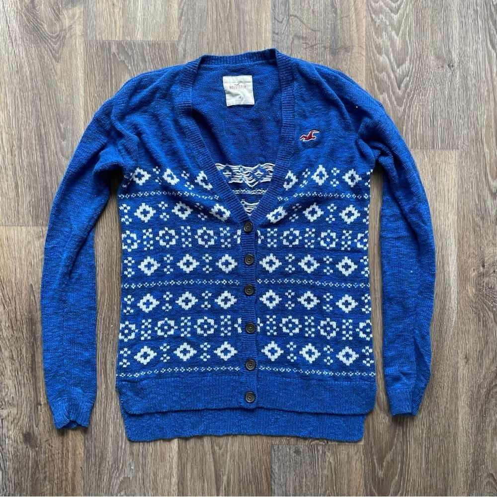 Hollister Blue Nordic Fair Isle Cardigan Sweater Cozy Cottagecore Y2K Size M